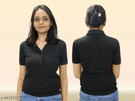 Solid black cotton blend polo t-shirt, short sleeves, versatile essential for women and girls