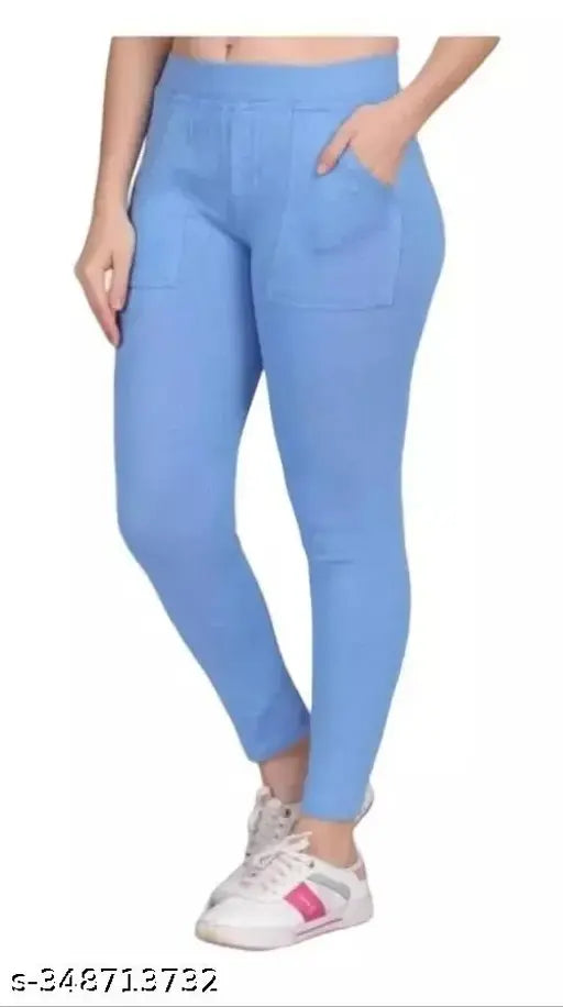 Denim blue lycra women's pocket jegging, trendy solid-pattern jeans for women on display rack, size 28/30/32/34 (waist 28/30/32/34, length 36in) made in India