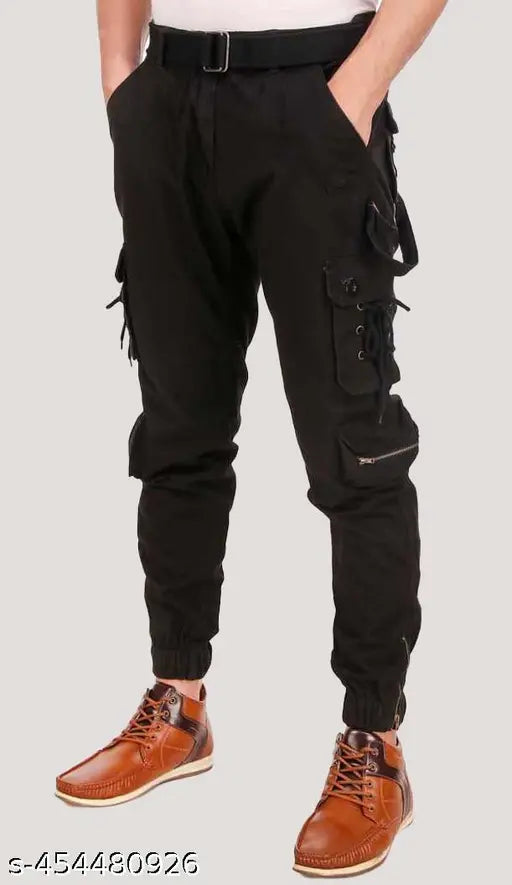 Men's cotton blend solid cargo jeans, size 28, 30, 32, 34, or 36 with a waist size ranging from 28in to 39in, length size at 39in and hip size varying from 34in to 39in. India-made cargo pants for men