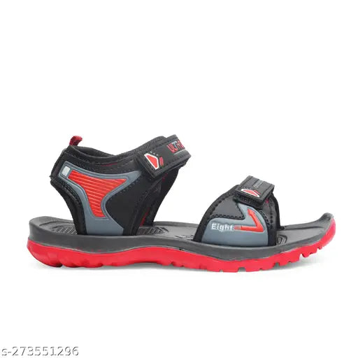 Black synthetic Elecant Kids sandals with printed net pattern, perfect for boys aged 5.5-11 years. Super comfortable, velcro closure