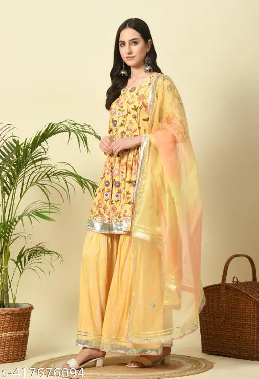 Mustard rayon floral print kurti and sharara set with dupatta