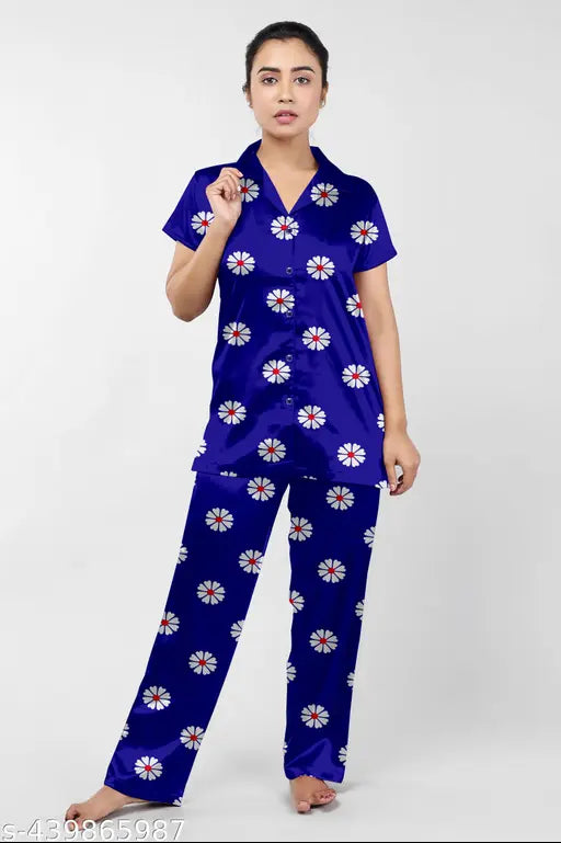 Stylish printed collar satin night suits (pack of 3), women's sleepwear with short sleeves and matching bottom pyjamas, vibrant pattern on display
