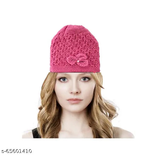 Cool dark pink round beanie, stylish unisex winter hat with a floral motif and faux fur trim
