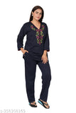 Woolen women's fleece nightwear top and pyjama with pocket, embroidered net design, soft and comfortable, ideal for winter nights, India origin