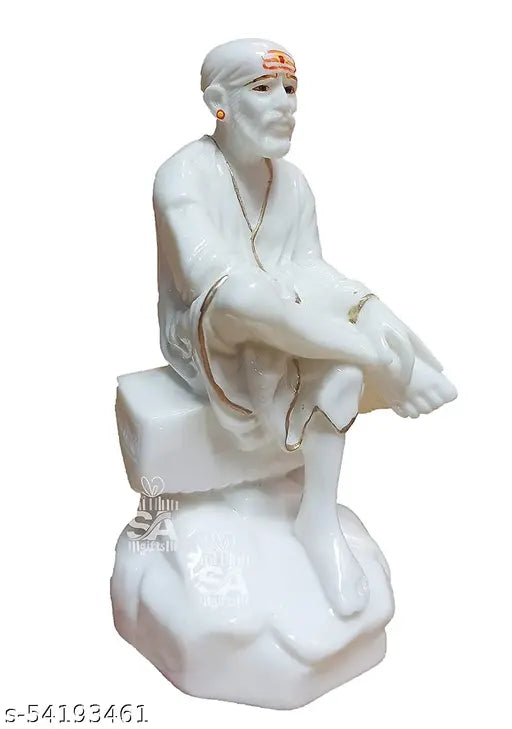 Marble dust idol statue of Sai Baba with embroidered Om Sai Ram print on a dress, 35 inches tall