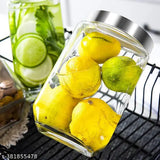 Transparent glass cube jar with lid, ideal for storing dry fruits, pickles, and grains.