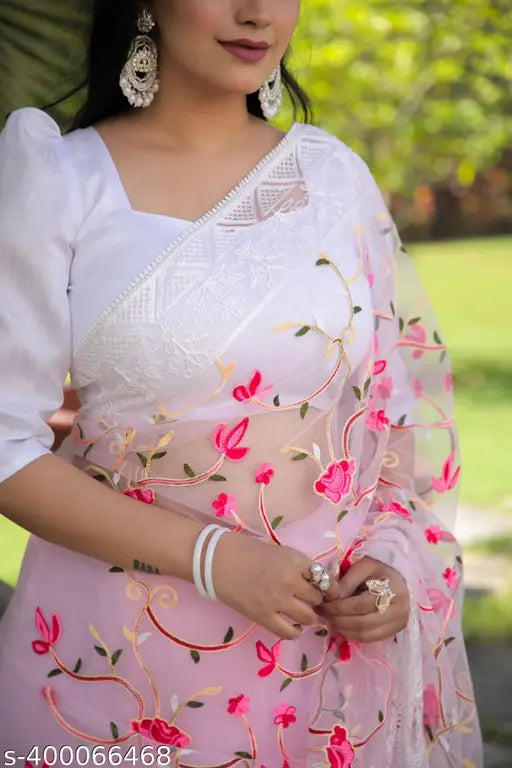 Embroidered net saree with separate Bangalore silk blouse, Indian Jivika Ensemble in free size