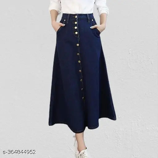 Navy blue denim skirt with two buttoned side pockets, long length