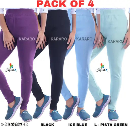 Women's cotton blend jeggings pack of 4 - trendy, lightweight, and comfortable jeans-like leggings in various sizes (26-34, Free Size) with medium quality, made from recycled hosiery cotton waste and polyester. Made in India