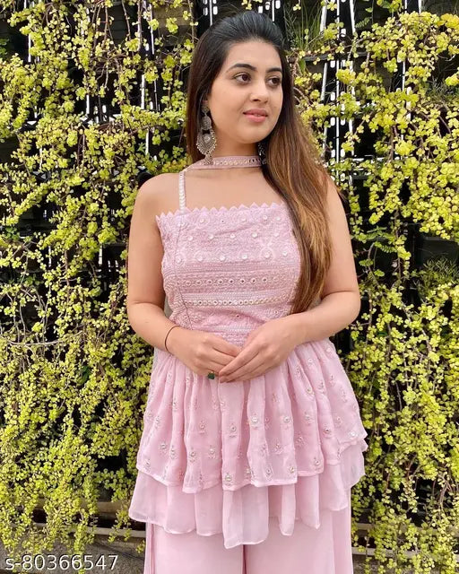 Baby pink Georgette palazzo pant set with chikan and ABLA tiered Peplum top, embroidered net design, sleeveless. Matching necklace dupatta included. Indian-made