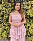 Baby pink Georgette palazzo pant set with chikan and ABLA tiered Peplum top, embroidered net design, sleeveless. Matching necklace dupatta included. Indian-made