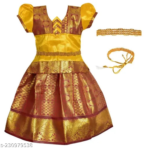 Tissue cotton Girls Pattu Pavadai Lehenga Choli with Kamarband, aged 6 months to 8 years, Zari stitched net and short sleeves, Indian festival wear
