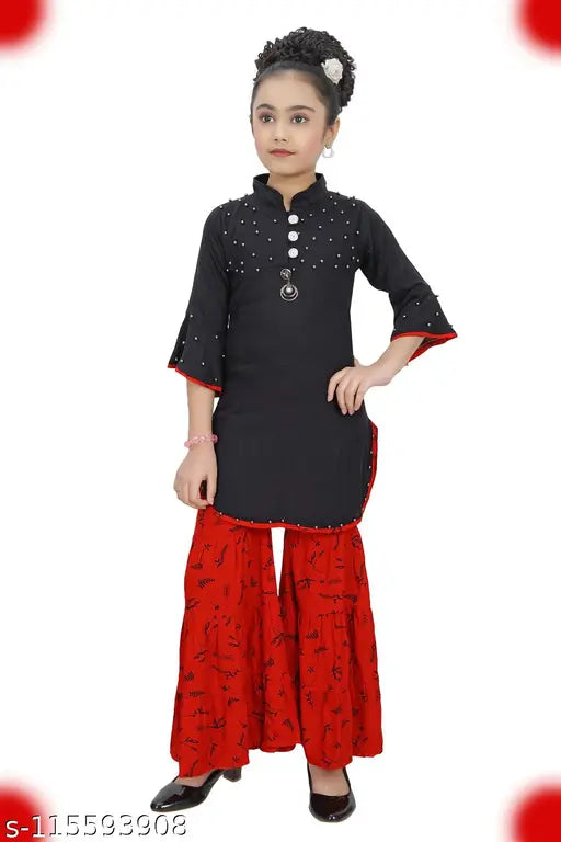 Embellished cotton blend kurta palazzos for kids, Indian ethnic wear with premium fabric and bombay quality