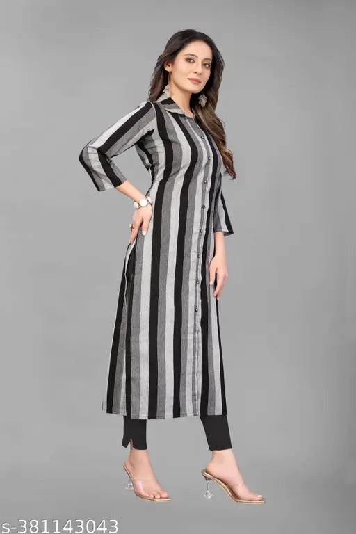Trendy striped cotton blend kurta pant and dupatta set for daily wear or casual events, featuring three-quarter sleeves and palazzos bottoms. Indian-origin traditional clothing for women