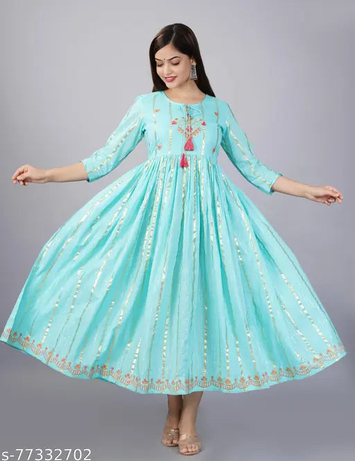Rayon embroidered Anarkali Kurta for women & girls, traditional Indian ethnic wear with three-quarter sleeves