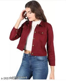 Solid denim women's fashion jacket, three-quarter sleeves, size S-XL. Denim apparel on hanger