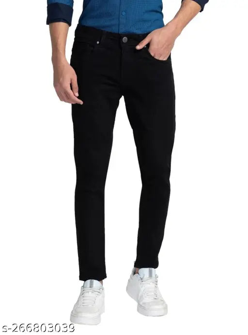 Cotton stretchable black jeans for men, solid plain design, versatile style, affordable under 400 INR