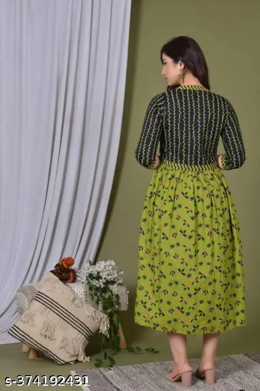 Trendy green rayon anarkali kurti, floral printed party wear middi gown for women's ethnic wear. Beautiful for festivals and special occasions." (114 characters)