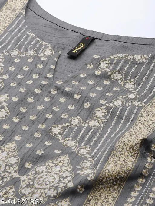 Dark Grey Art Silk Kurta & Palazzo Set: Three-Quarter Sleeve, Printed Net Foil, Women's Indian Fashion