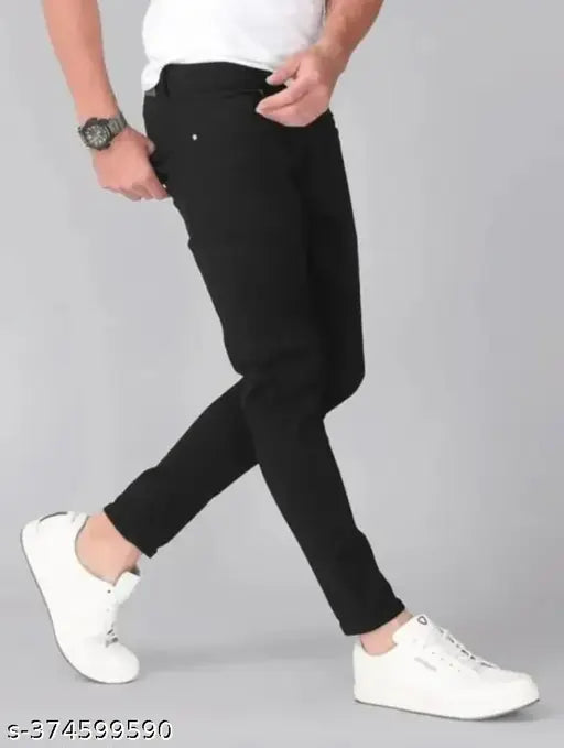 Men's solid black denim jeans, slim fit style with waist sizes ranging from 28 to 36 inches and length size of 40 inches, made in India