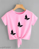 Trendy pink lycra crop top with three butterfly prints, women's short sleeve fashion