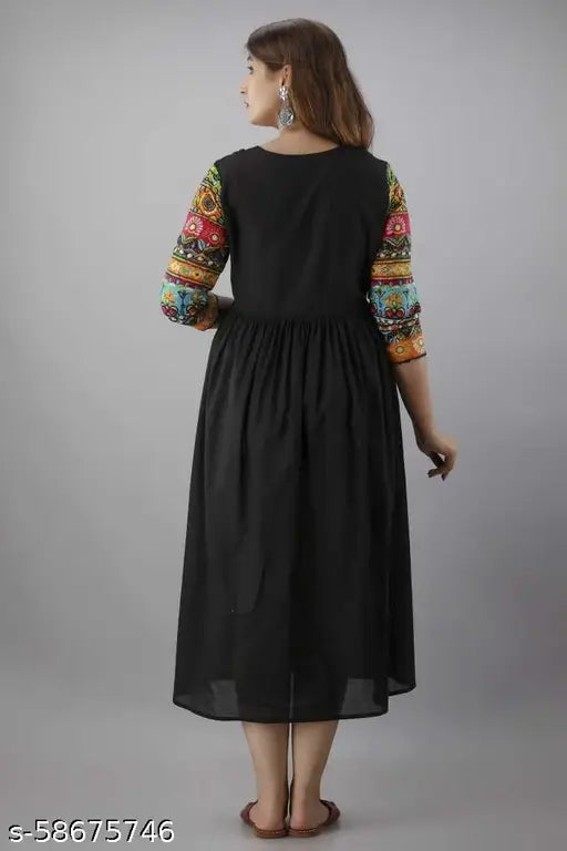 Women's printed rayon long Anarkali kurta, three-quarter sleeves, Indian fashion, size S (36in bust, 48in length)