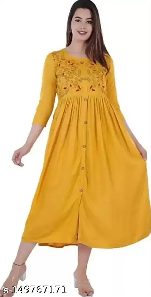 Rayon black floral embroidered kurti, three-quarter sleeves with intricate flower details, Indian origin