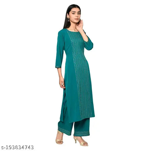 Crepe Printed Net Women's Kurta Set with Palazzos, XL - Indian Bottomwear