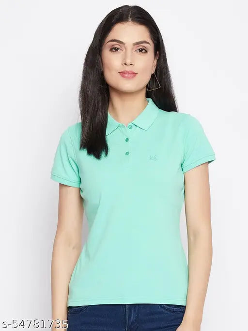 Ice green solid cotton blend polo t-shirt for women with short sleeves, perfect for casual wear