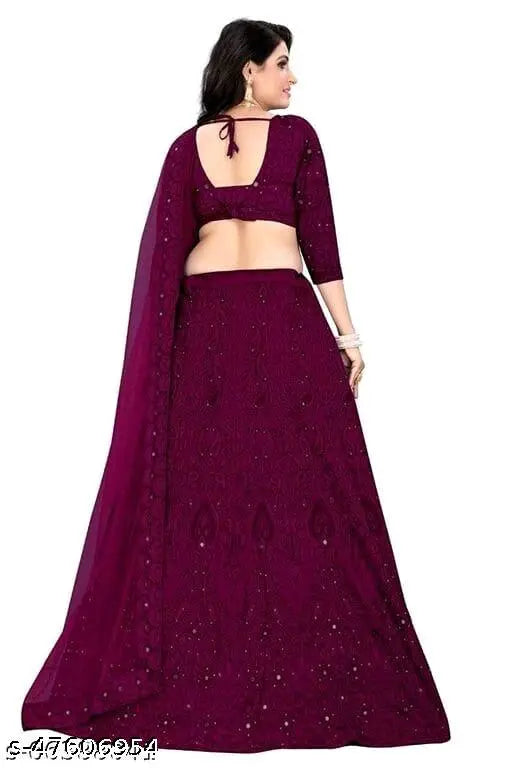 Embroidered taffeta silk lehenga-choli set with net dupatta, free size, 44in waist, 42in length, solid dupatta. Indian bridal partywear for women