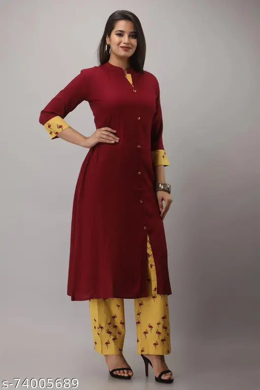 Rayon Front Slit Kurta & Palazzo Set (2 Pieces) - Solid color, three-quarter sleeves, formal/occasional Indian attire from MAUKA