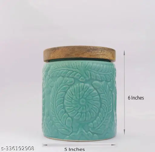 Blue and white hand-painted ceramic kitchen storage jars, set of 2, air tight with wooden lid