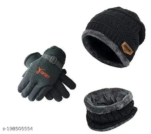 Winter woolen onesize beanie cap, scarf & hand glove combo - PinKitUnisex India