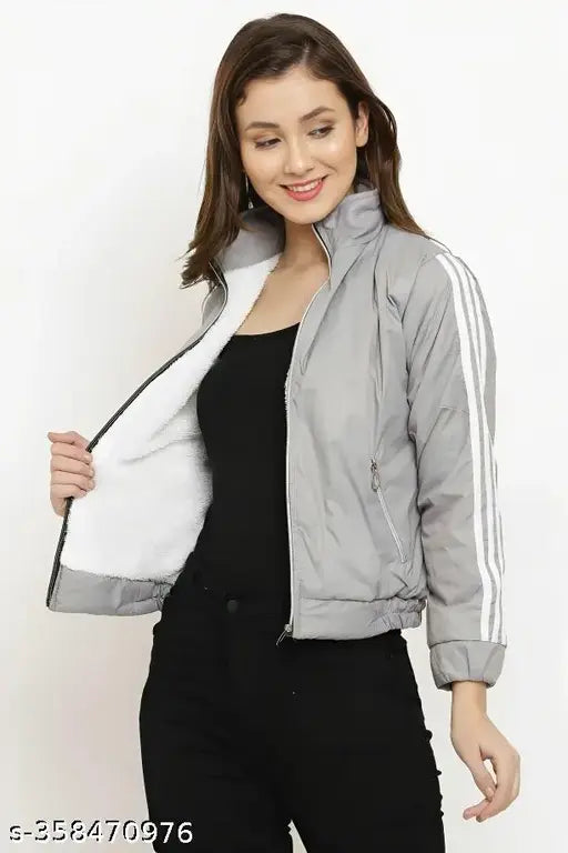 Grey striped polyester women's solid Barbour jacket on hanger, long sleeve style in various sizes S-XL