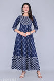 Blue plus size Anarkali kurti with mirrorwork - rayon, three-quarter sleeves, printed combo. Women's fashion on hanger, showcasing blue and mirrored detailing