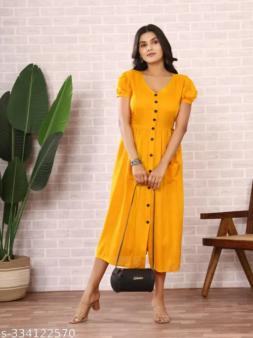 Mustard rayon slub kurta with front open style, trendy bell sleeves, and high-low hemline