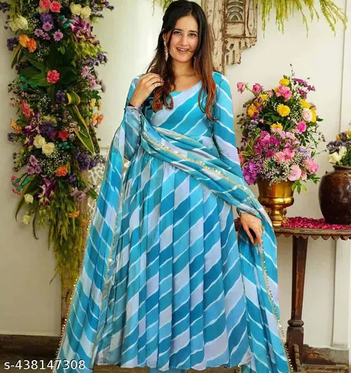 Sky Blue Georgette Leriya Style Kurta Dupatta Set - Long-sleeved, striped traditional wedding attire, India origin