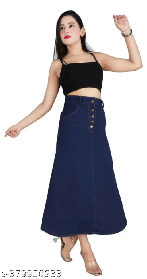 Navy Blue A-Line Maxi Denim Skirt with Four Buttons, lightweight and breathable, perfect for all body types. Denim skirt for women, designed for comfort and style. Size: 26 (Waist 26in, Length 32in)