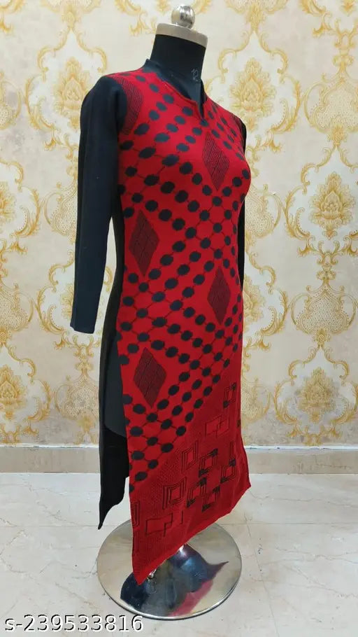 Red woolen long kurta with white polka dots