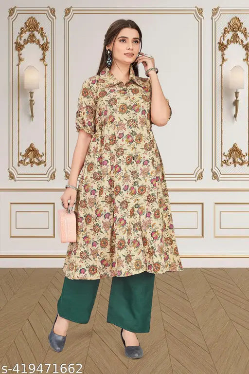 A-line cotton kurta set with button, printed net three-quarter sleeves on palazzo bottomwear, popular Indian fashion for women