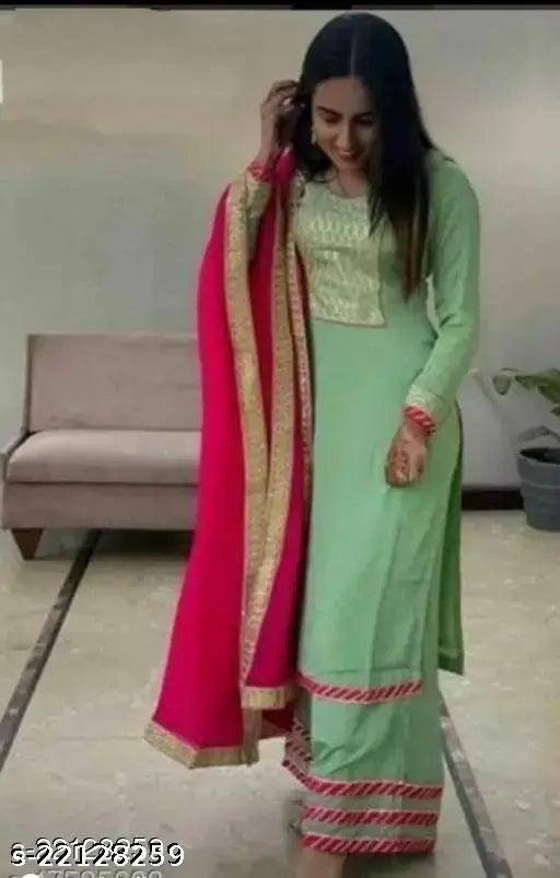 KR branded lace rayon straight kurti and palazzo with lace dupatta - solid net, long sleeves, various sizes available from S to 4XL, Indian-made