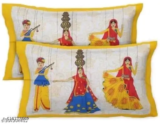 Rajasthani Jaipuri Double Bed Sheet Set - Red & Yellow Cotton Pillowcases