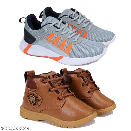 Grey and orange sneakers, kids' walking shoes, casual canvas loafers