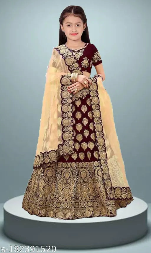 Taffeta silk embroidered designer lehenga choli DOLL I for kids aged 2-14 years, intricate stitching on net dupatta and short sleeves