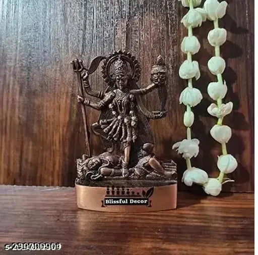 Metal Maa Kali wooden idol, Indian handcrafted statue for temple, home decor, or car dashboard