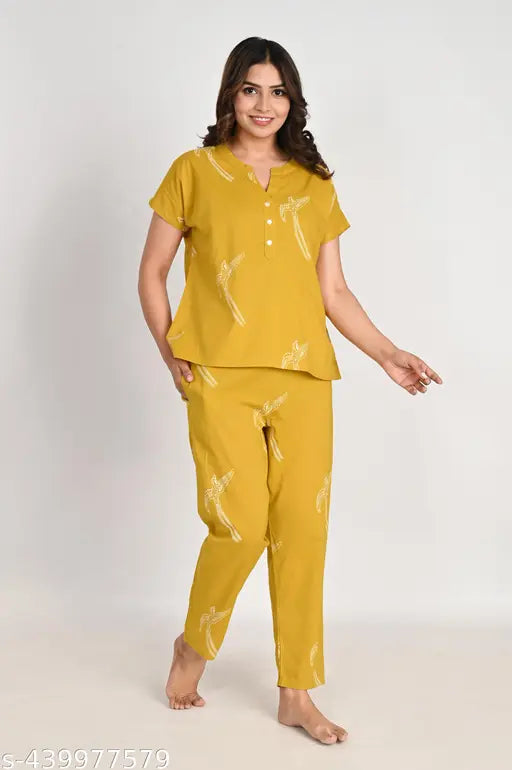 Pure cotton printed nightwear set, includes top and pants for women, short sleeves, high-quality Indian-made cotton