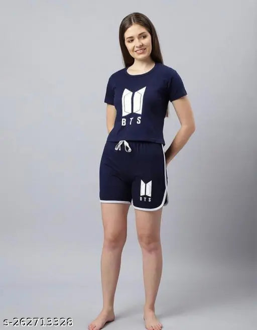 Navy Blue Color BTS Night Suit set, cotton blend t-shirt and shorts with printed net pattern, two sizes available (XS, S, M, L, XL)