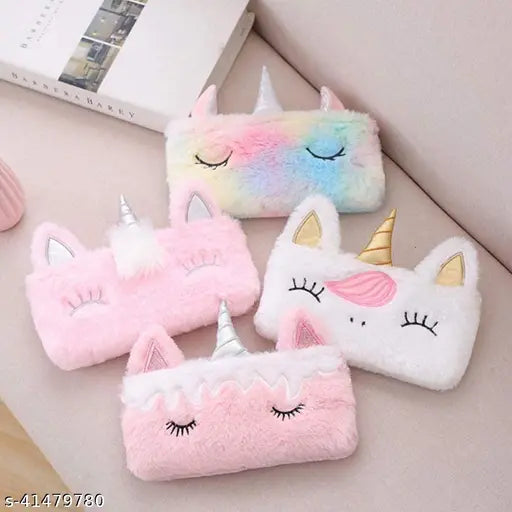 Elite textured fabric women's pouch for makeup & stationery, unicorn fur multi-purpose, India origin