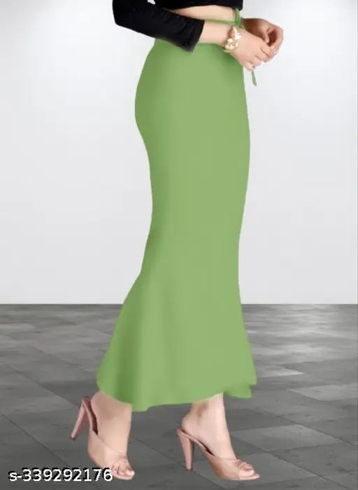 Light green Lycra shapewear saree pack with drawstring and elastic, designed for smoothing abdomen, thighs, and back. Seamless waistband, side slit for easy movement