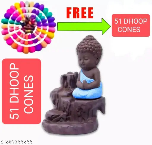 Resin Buddha smoke fountain decor showpiece with free 51 cones, 10cm tall and 6cm wide, Indian crafted